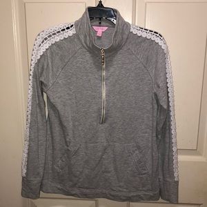 Lilly Pulitzer Gray Pullover with White Lace Trim